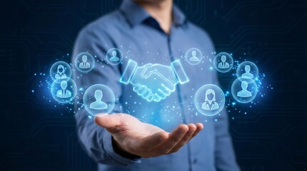 Obraz premium A person presents a glowing handshake surrounded by digital human icons representing networking collaboration and successful business connections high quality professional detailed