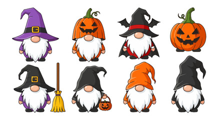 Obraz premium Collection of eight Halloween gnomes with various costumes and pumpkin-themed hats, perfect for holiday decorations.