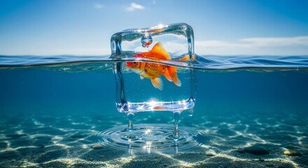 Goldfish swimming in clear glass cup underwater with ocean floor and blue sky background