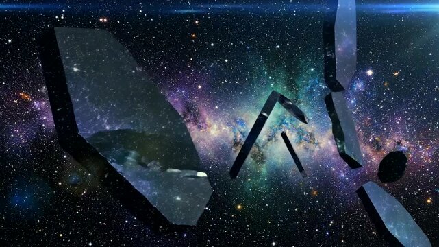 Traveling through luminous space fragments, Vessel navigates midst glowing cosmic fragments and debris, Spaceship journeying through vivid cosmic wreckage and luminous clouds of gas