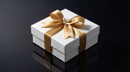 Obraz premium White Premium Gift Box with Gold Ribbon on Reflective Black Surface 