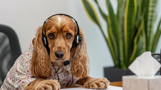 Funny Cocker Spaniel Dog Wearing a Headset and Floral Shirt Working in a Home Office as a Customer Support Agent