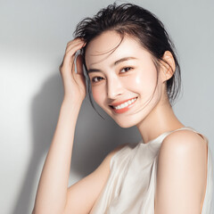 Fototapeta premium 白い歯と美しい肌の笑顔の女性。美容、スキンケア、オーラルケア用素材。