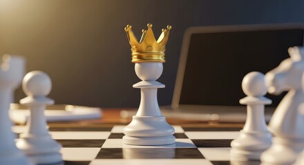 Strategic chess game with crowned pawn on a black and white board with laptop in background