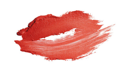 A vibrant, coral-toned lipstick smudge, shaped like lips, on a black background.  Brush strokes and texture are visible
