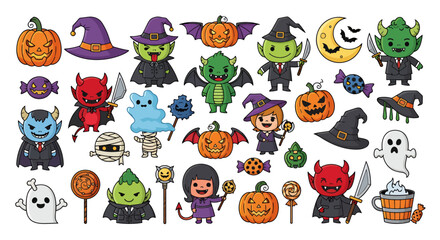 Obraz premium A vibrant collection of Halloween-themed cartoon characters and festive elements.