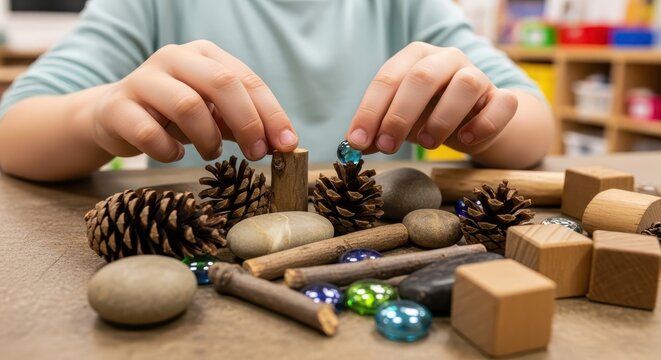 Young child manipulates natural loose parts for creative construction play on a tabletop