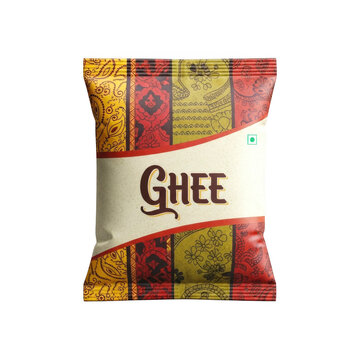 Packaging of indian ghee product with traditional design isolated on transparent background