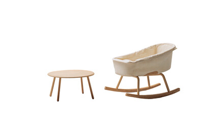 Isolated baby cradle and small table, minimalist, soft beige color scheme