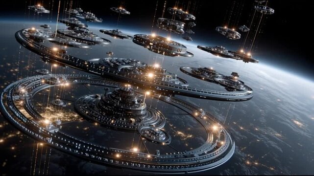 AI data center in space. Space computing. Orbital data center infrastructure. Space based AI. Cloud computing in space. Futuristic space stations orbiting Earth with intricate designs.