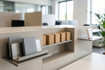 Fototapeta premium Modern Minimalist Office Interior with Storage Shelves and Wooden Decor