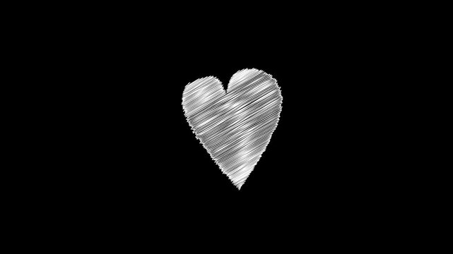 Hand drawn white scribble heart symbol animation on black background