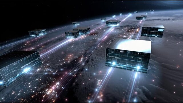 AI data center in space. Space computing. Orbital data center infrastructure. Space based AI. Cloud computing in space. Futuristic transport of digital blocks in space over Earth.