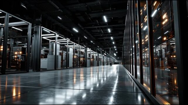 AI data center in space. Space computing. Orbital data center infrastructure. Space based AI. Cloud computing in space. A modern data center with rows of server racks and reflective flooring.