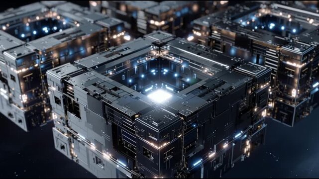 AI data center in space. Space computing. Orbital data center infrastructure. Space based AI. Cloud computing in space. Futuristic metallic structures floating in space with glowing interiors.