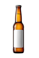 A glass beer bottle, amber colored, with a blank label