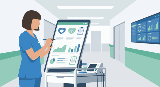 Nurse Using Medical Tablet
A flat vector illustration of a nurse using a tablet to record patient data. Charts and health icons visible. Flat vector style, modern healthcare technology.