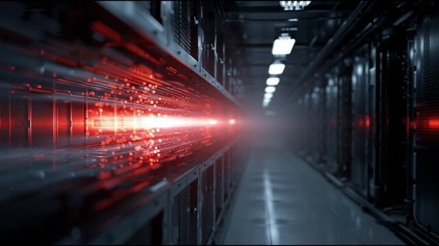 AI data center in space. Space computing. Orbital data center infrastructure. Space based AI. Cloud computing in space. A futuristic data center with glowing red lights and a sleek design.