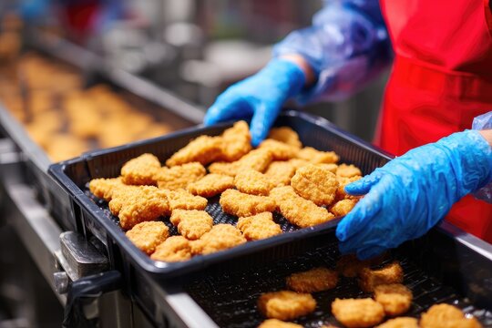 Gloved hands place tray of golden fried food items on a conveyor belt