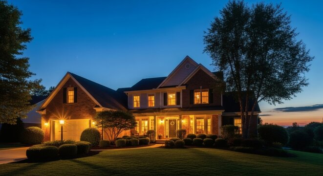 Residential home exterior at dusk, interior lights glowing through windows, balanced contrast, cinematic yet natural lighting