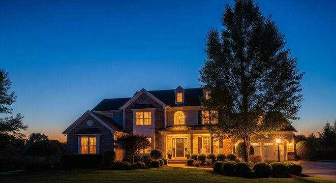 Residential home exterior at dusk, interior lights glowing through windows, balanced contrast, cinematic yet natural lighting