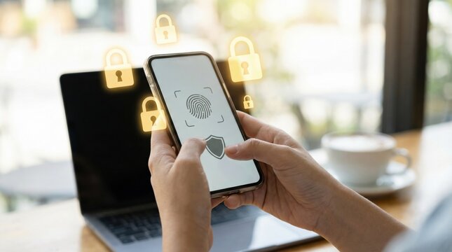 Biometric authentication optimization using fingerprint scan on mobile device with digital padlock icons and shield interface for enhanced cybersecurity in business infrastructure