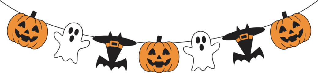 Fototapeta premium Halloween Garland Icons – Pumpkin Ghost Bat Festive Border Design