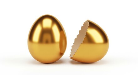 Golden eggs one whole and one broken on white background symbolizing luck and wealth