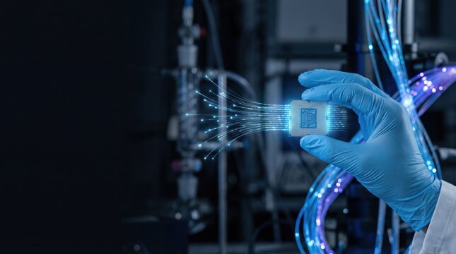 Scientist hand in protective glove optimizing microchip data transfer with glowing fiber optic cables for advanced high speed computing infrastructure and digital innovation analytics