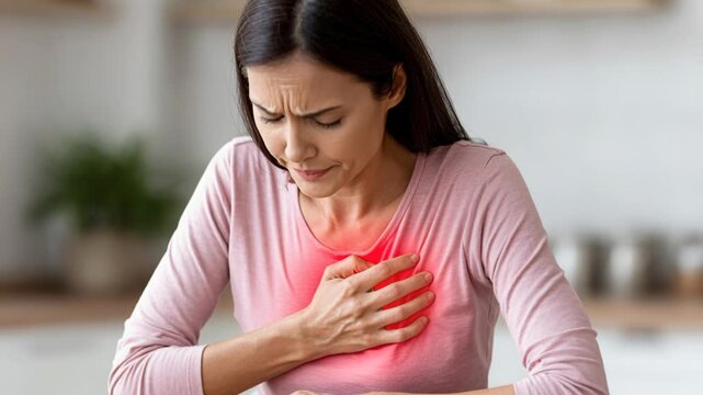 Stressed young woman clutches her chest due to sudden, severe heart pain or acid reflux discomfort.