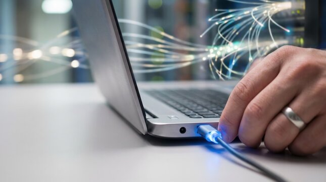 Laptop network connectivity optimization with ethernet cable plug-in and digital fiber optic data transmission interface boosting high-speed business infrastructure analytics