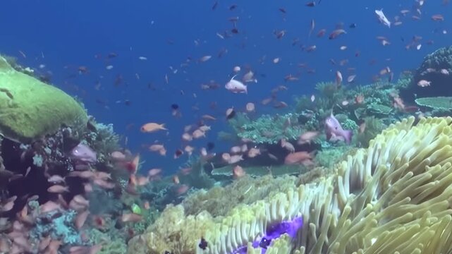 A vibrant underwater spectacle unfolds as clownfish dart playfully around a stunning anemone. Other fish meander peacefully. This is a stunning sight