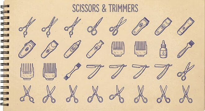 Hand drawn doodle set of hairdressing scissors trimmers and clippers on vintage paper background retro sketch style illustration of barber tools for haircut and grooming salon equipment