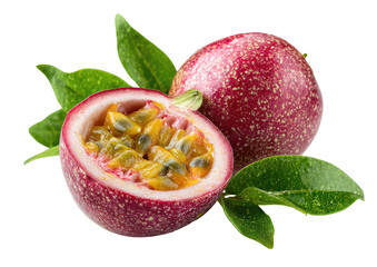 Two passion fruits, one whole, one halved, displayed with vibrant color and detail.  Fresh, juicy, and ready to eat,  with green leaves nestled beside