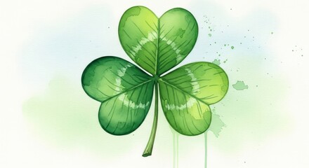 Lucky four leaf clover with watercolor background and green leaves