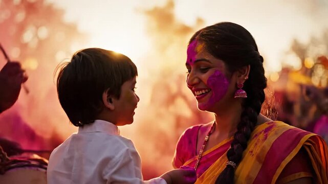Woman and child celebrating Holi Festival with color powder throw in slow motion, conveying joyful mood with vibrant pink and yellow hues.