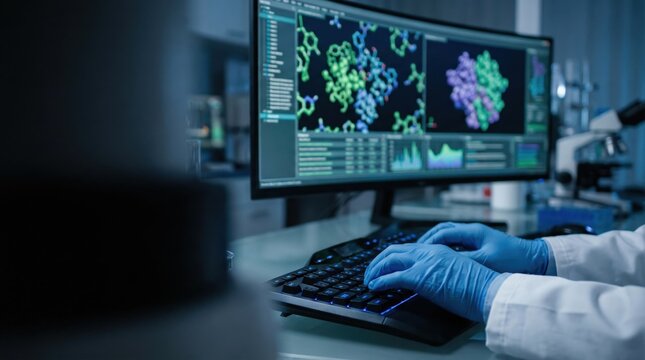 Laboratory Scientist Conducting Molecular Structure Analysis Using Computational Modeling Software and Data Visualization Tools to Enhance Bioinformatics Research Accuracy and Innovation