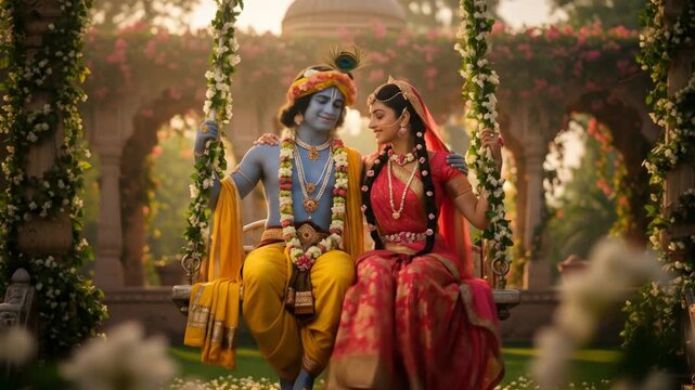 Lord Krishna and Radha on a swing in a garden setting.