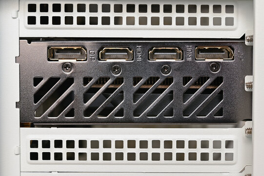 Close-up of the HDMI connectors and the display port on the graphics card.