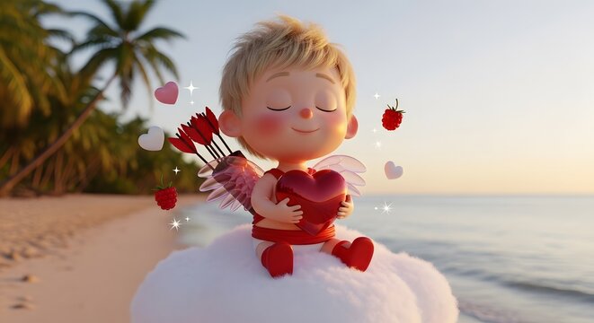 A cute cartoon cherub with a red heart on a beach at sunset with hearts floating around