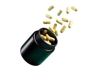 Capsules spilling out of a black jar against a dark backdrop
