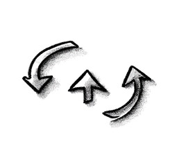 Three stylized arrows, black and white, textured, in a dynamic, circular arrangement.  Arrows are upward and outward curving
