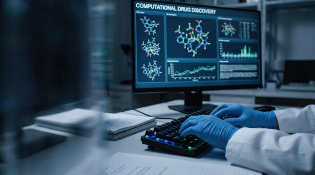 Scientist in Laboratory Performing Computational Drug Discovery Analysis Using Data Visualization Software Tools for Pharmaceutical Research and Molecular Innovation