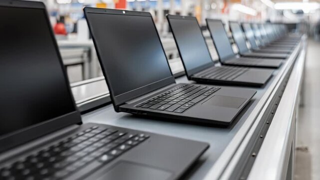 Black laptops moving along an automated production line in a large, modern electronics manufacturing factory.