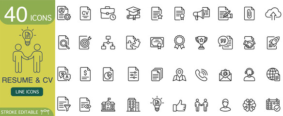 Complete resume and cv icon set for business. Line icons collection for job search, career development, employment, and human resource management. Stroke editable symbols