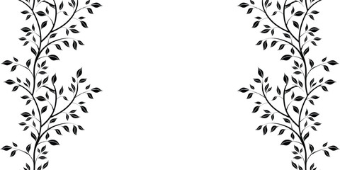 Black leafy branches forming an elegant botanical frame border. Minimal foliage illustration in monochrome style for nature inspired designs. Organic plant decoration background for banners and  © NisatFarjana