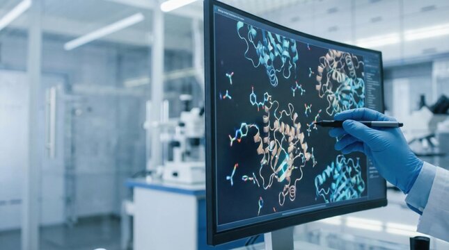 Biochemical Researcher Conducting Protein Structure Analysis Using Digital Visualization Tools on Laboratory Monitor for Data-Driven Molecular Discovery and Therapeutic Innovation