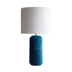 Table lamp white shade sits on tall, textured blue, cylindrical base