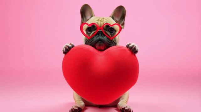 A french bulldog in heart glasses offers a plush heart to the camera with a hopeful expression, concept of affectionate gift giving and eager love