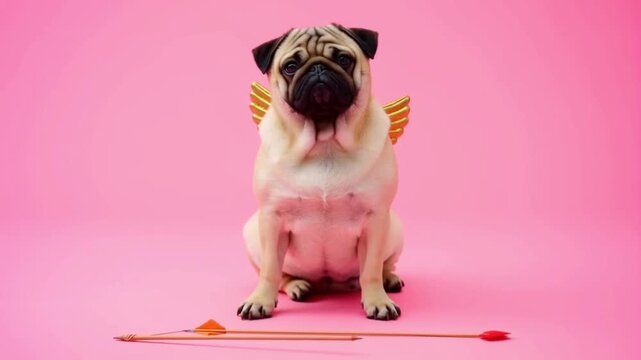 A pug dressed as cupid with wings and a bow with heart arrow against a pink background, humorous concept of playful matchmaking